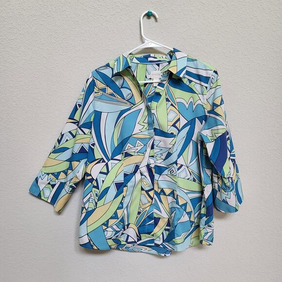 Chicos Womens Shirt Size Medium Chicos 1 Spring Summer Colorful Resort Casual - Picture 1 of 14